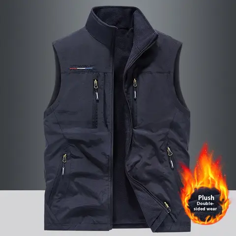 Men’s Autumn-Winter Fitted Woven Fleece Vest - Casual, Plain, Stylish Menswear Tank Top, Waterproof Fabric, Stand Collar, Reversible, Multiple Zippered Pockets, Warm Cold-Resistant, Work Outdoor Hiking Sleeveless Gilet