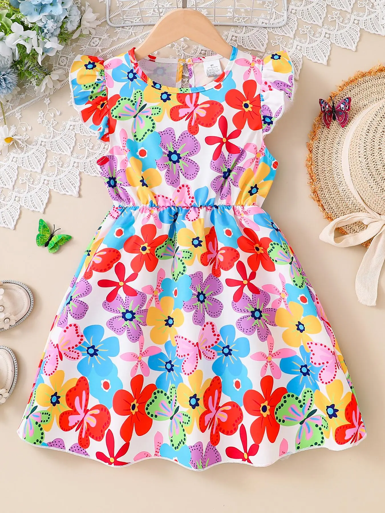 Girl's Floral Print Ruffle Trim Dress, Casual Sleeveless Dress for Summer, Kids Clothes for Daily Wear