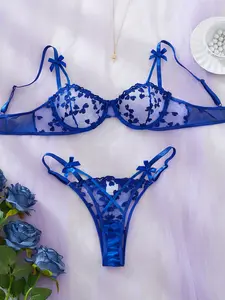 French Blue Floral Lace Bra Set, Sexy Sheer Underwire, Breathable Mesh, Fitted Design, All Seasons, Unlined Fabric, Moderate Support, Underwear Sets