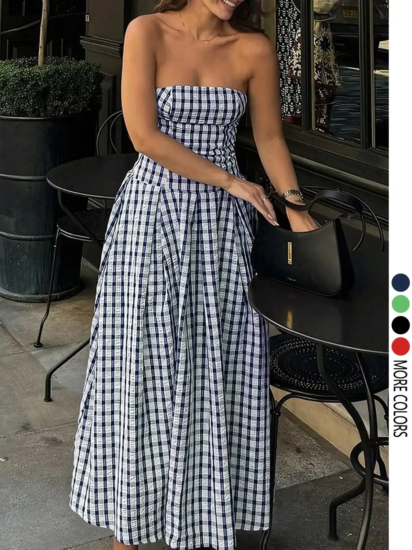 Women's Effortless Plaid Pleated Casual Chic Elegant Strapless Maxi Tube Dress, elegant silhouette, timeless appeal, graceful flow, versatile piece, trending now, chic look, must-have style