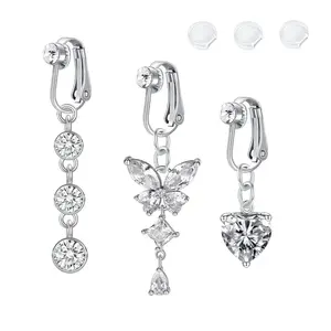 GLADEEX 3PCS Clip-On Belly Button Ring Set for Women – No Piercing Fake Navel Jewelry with CZ Heart & Butterfly Dangles