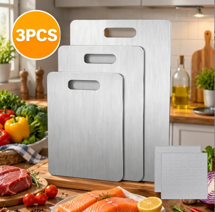 Premium Stainless Steel Chopping Board Set (3-Piece Silver) - Space Saver, Durable, Easy-to-Clean, Rust-Proof, Kitchen-Ready with 2 Bonus Silver-Fiber Cleaning Rags