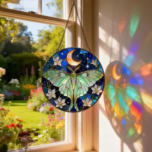 Stained Glass Moth Suncatcher, Celestial Moon Window Art