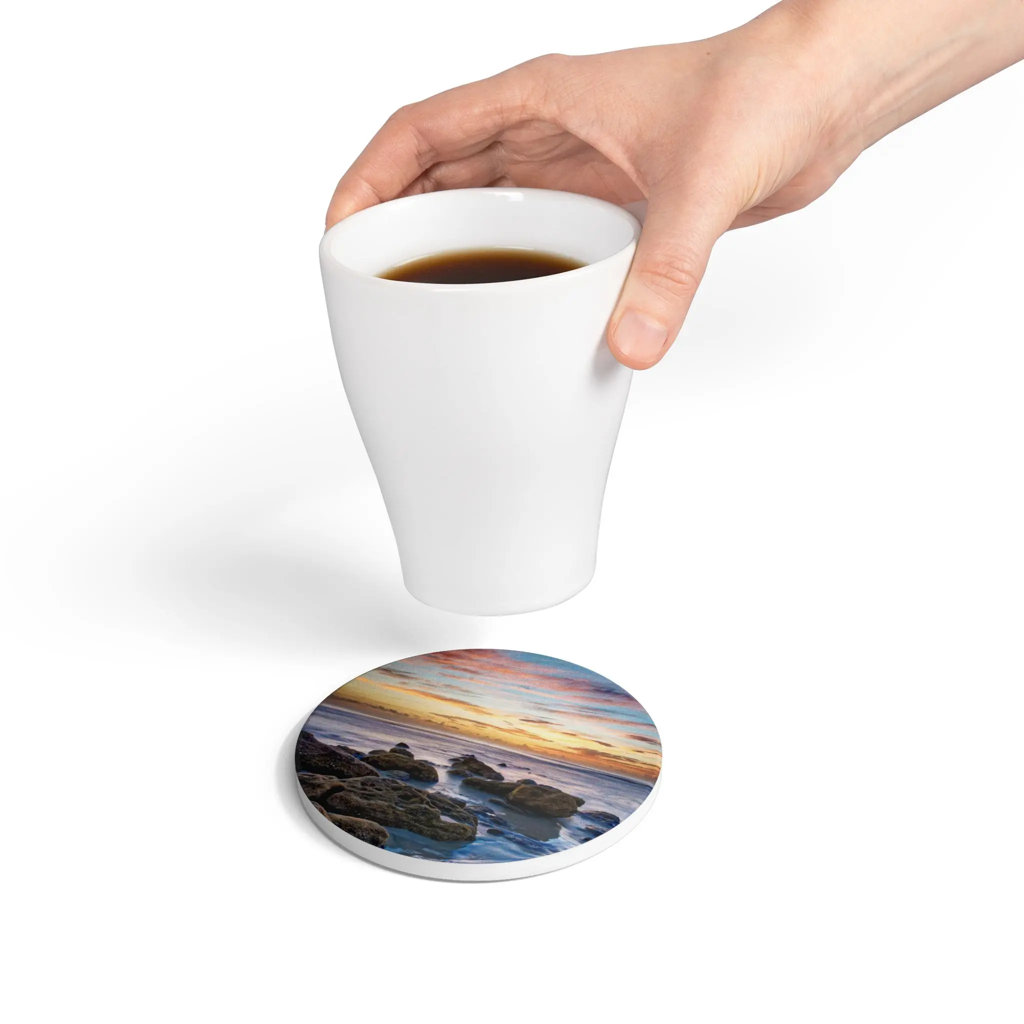 Premium Ceramic Art Coaster Sunrise Collection Handcrafted Glossy Surface Cork Backing 4" Round for Coastal Home Decor Stylish Beach Tableware