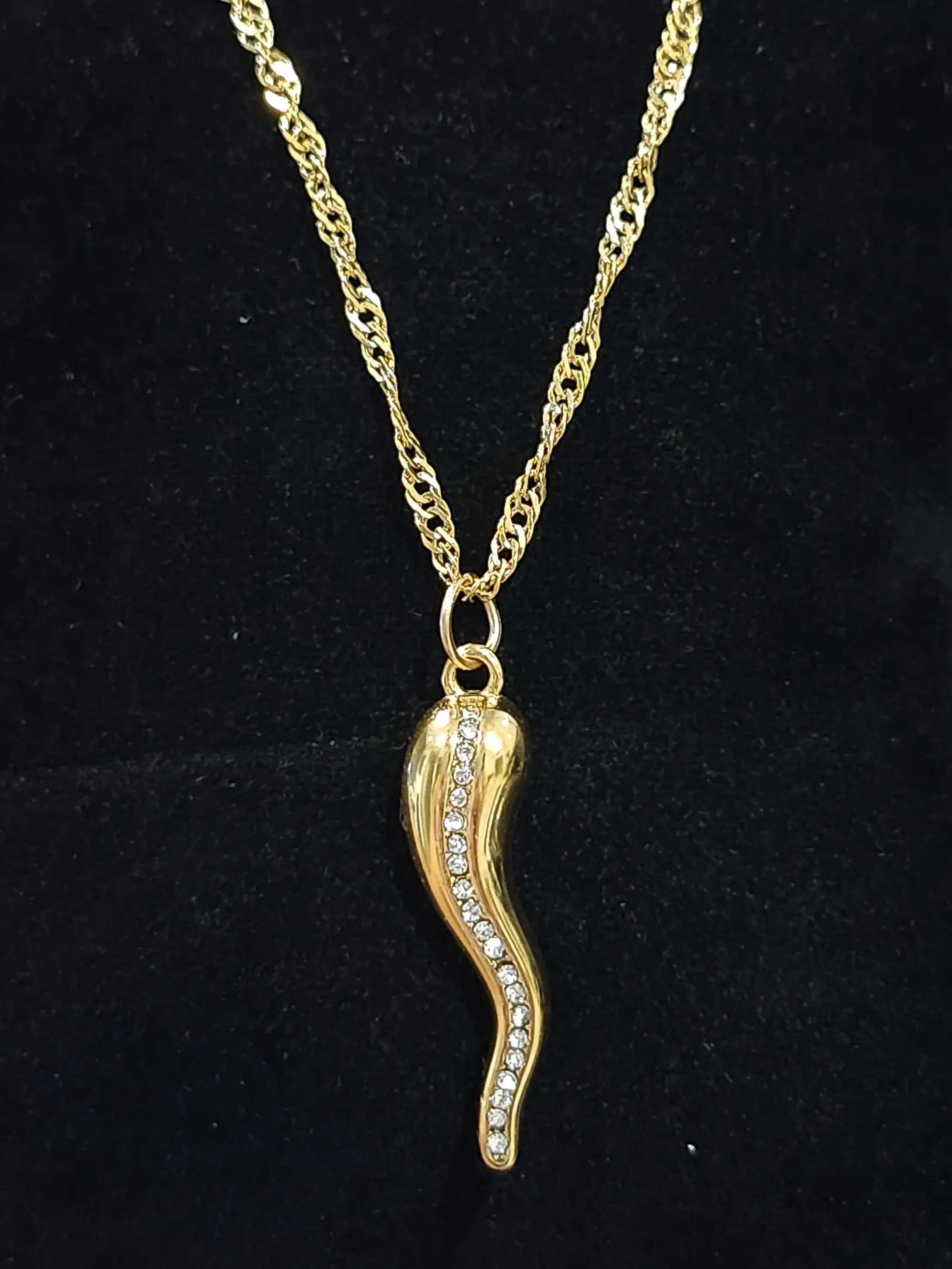 Gold Italian Horn Good Luck Protection Charm Necklace Sparkly CZ Cornicello Amulet Pendant on a Dainty Rope Chain Spiritual Jewelry For Her