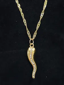 Gold Italian Horn Good Luck Protection Charm Necklace Sparkly CZ Cornicello Amulet Pendant on a Dainty Rope Chain Spiritual Jewelry For Her