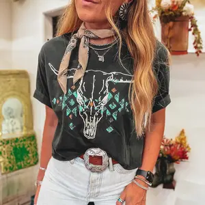 2026 Women's Carbon Gray Vintage Western Bull Head Skull Totem Turquoise Aztec Pattern Casual Print Shirt T-Shirt#SummerVibes outdoorfun