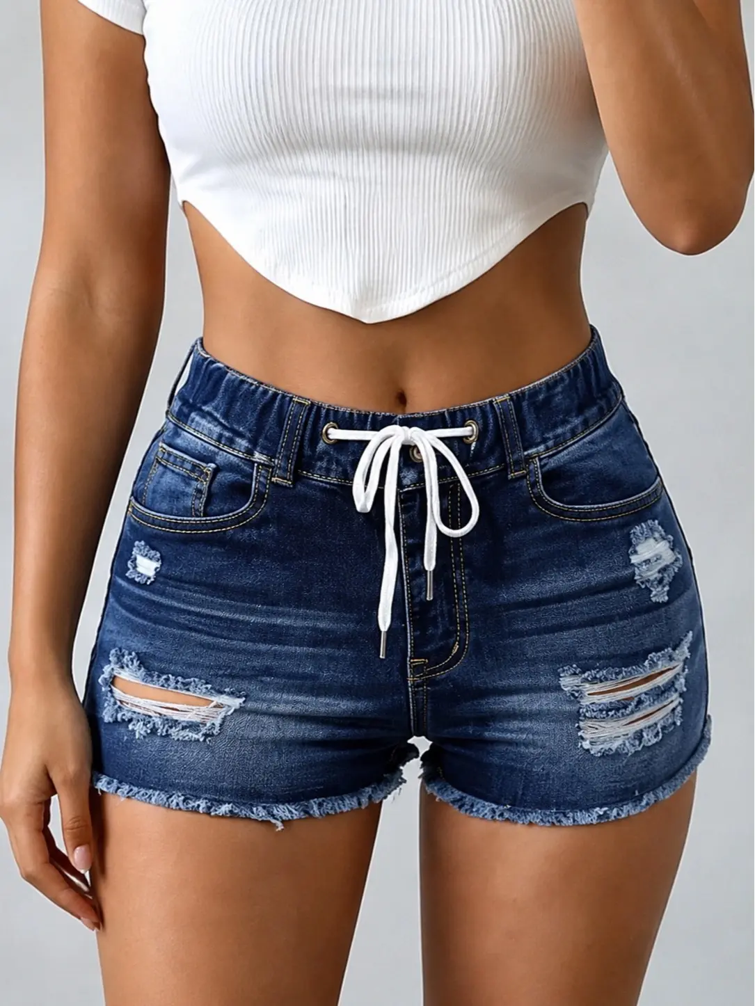 Women's Casual Jean Shorts - Distressed Design, Elastic Drawstring Waist, Raw Hem