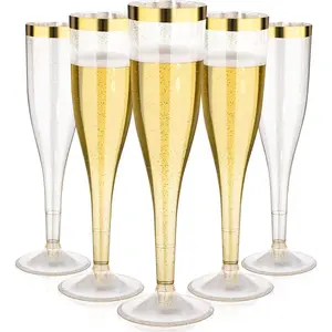 36 Pack 6.5 oz Plastic Gold Glitter Champagne Flutes with Gold Rim, Disposable Champagne Toasting Glasses for Wedding, Engagement, Party, Mimosa Bar