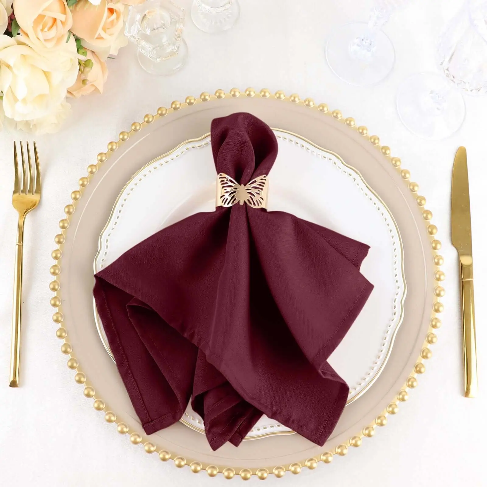 Cloth Tableware Napkins with Cutlery Compatibility, 5-Pack Premium Polyester 17"x17" Burgundy - Wrinkle-Resistant, Easy-Care