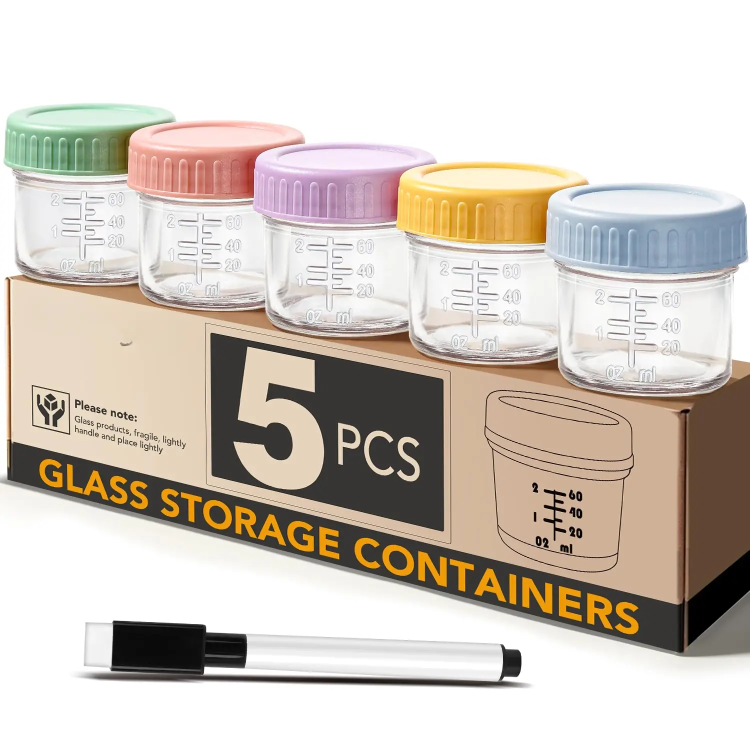5-Pack 4 oz Leakproof Durable Glass Food Container Set with Lids, Small Kitchen Canisters, Freezer & Microwave-Safe Preserving Containers, 4 Ounces