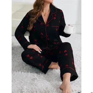 Set Pants Long s Size Plus Women Heart Printed Sleeve Pajama