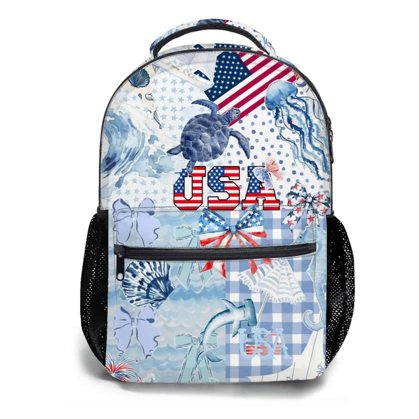 Student Schoolbag Childrens Schoolbag High Quality Schoolbag Gift For Anime Patriotic Usa Theme With Turtle And Jellyfish Print Durable Fabric With Mesh Side Pockets Ideal For Students And Travel