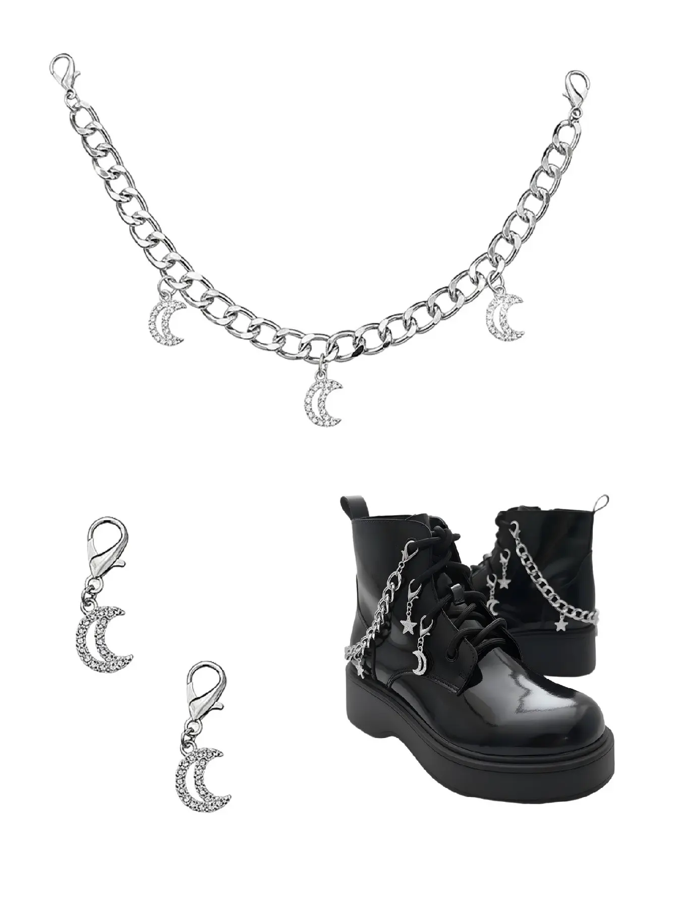 3-Piece Crystal Sequins Moon Pendant Shoe Boot Chain Set, Metal Ankle Chains with Buckles, Y2K Style DIY Boots Accessories