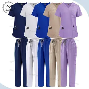 Elastic Scrub Set Operating Room Surgical Uniform Dental Veterinary Work Uniforms V-neck Short Sleeved Tops Pants Suit