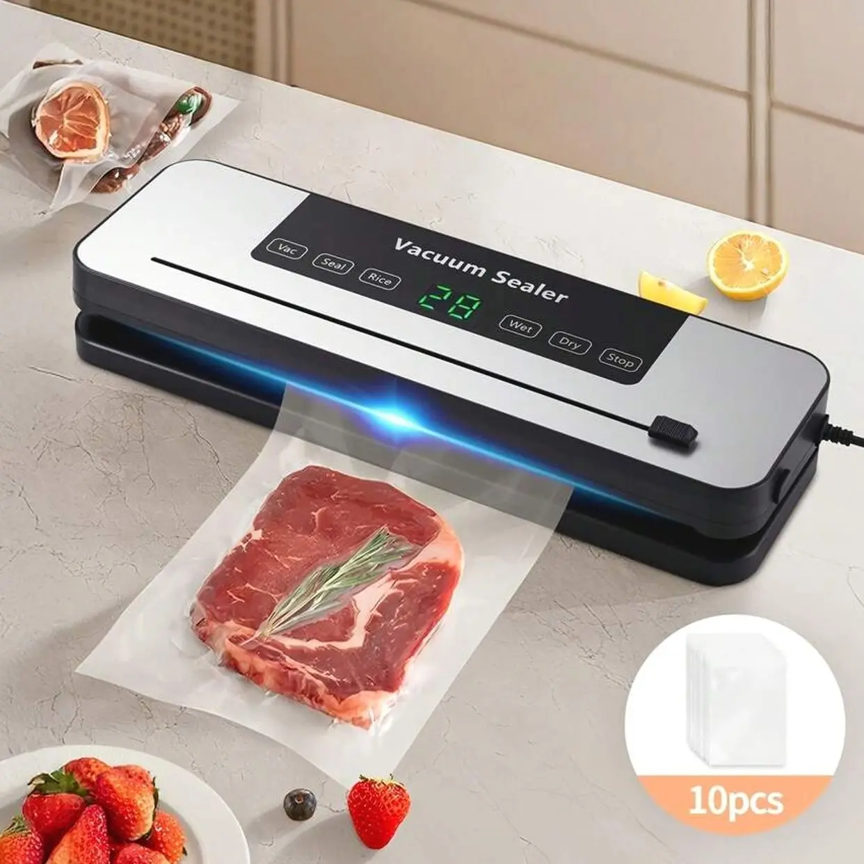 Commercial Vacuum Sealer Machine | 65000 PA with 10 Free Bags | Dry/Moist Modes for Food Storage