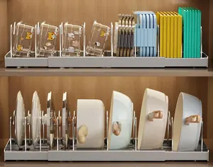 Multi-Purpose Under Cabinet Pot Rack - Expandable Organizer with 7 Adjustable Dividers for Pots, Pans, Lids, Cutting Boards & Bakeware