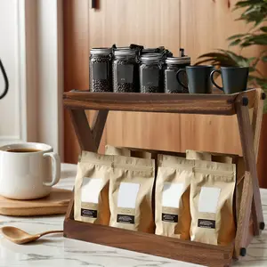2-Tier Decorative Natural Wood Coffee Station Organizer, Large-Capacity Space-Saving Storage Rack for Coffee Bar Accessories, Kitchen Shelf for Tea Station Supplies
