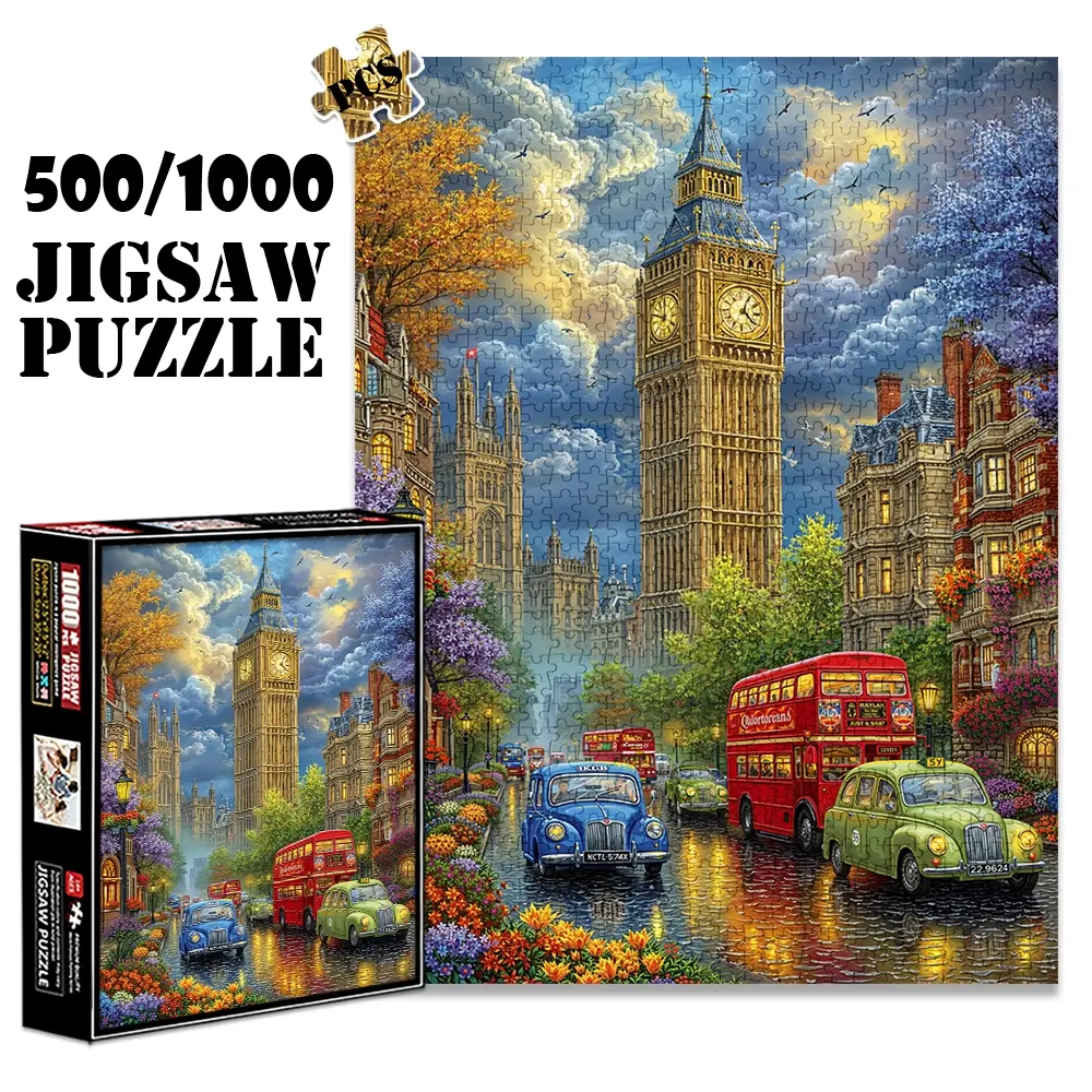 500/1000 Piece Puzzle For Adults Retro London Scene with Clock Tower and Double Deckers Paper Puzzle DIY Creative Game, Challenging Brain Decoration, Christmas and New Year Gifts, Jigsaw Puzzles
