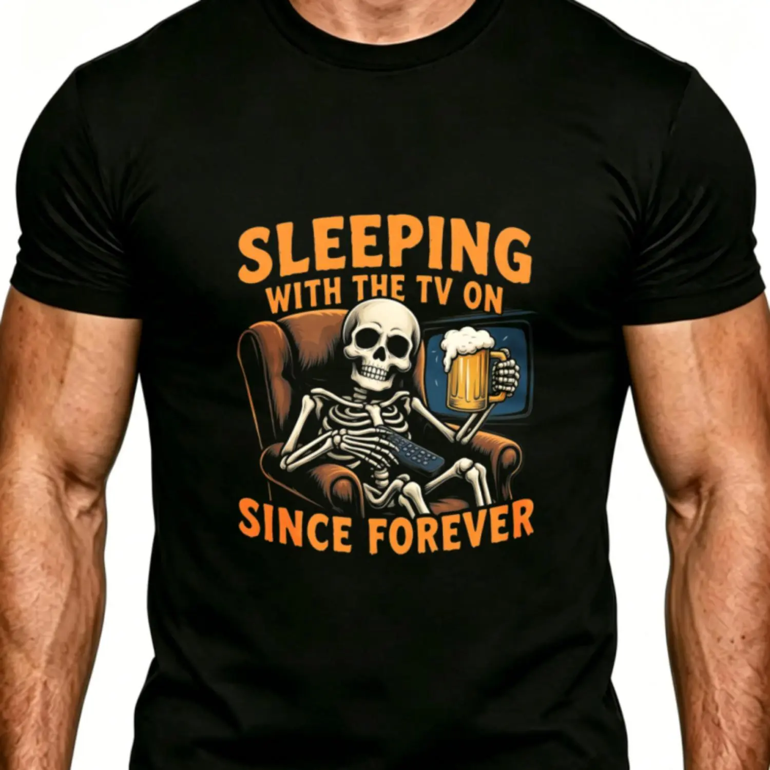 100% Cotton T-shirt Skeleton Relaxing With Beer And Remote Sleeping With Tv On Since Forever Humorous Halloween Design Casual Wear For Men Perfect Gift For Father