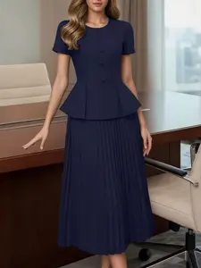 Women's Elegant Solid Color Set, Womenswear Clothes, Round Neck Short Sleeve Belted Shirt A-Line Pleated Midi Skirt Design, Daily Commute