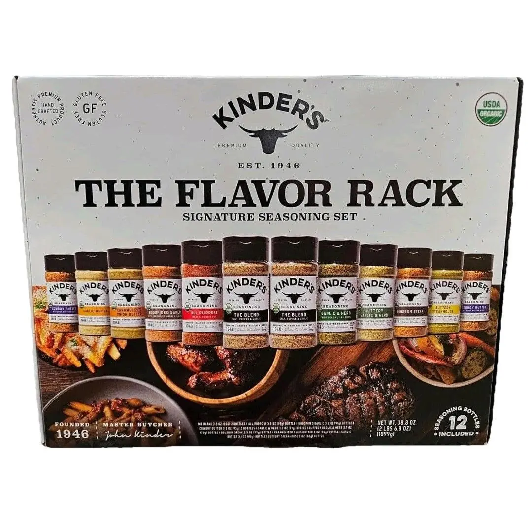 Kinder's The Flavor Rack Signature Seasoning Set - 12 Bottles of Premium Seasonings for Master Butcher Cooking