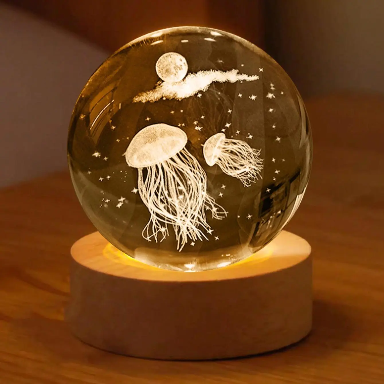 Jellyfish Design Glass Ball with Wooden Base, Jellyfish Design USB Night Light, Decorative Desktop Ornament, Birthday Party Gift