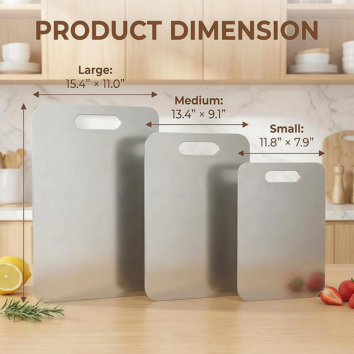 Stainless Steel Cutting Board Set (3 PCS) – Non-Toxic, Warp-Resistant, Dishwasher Safe (15.3", 13.4", 11.8")