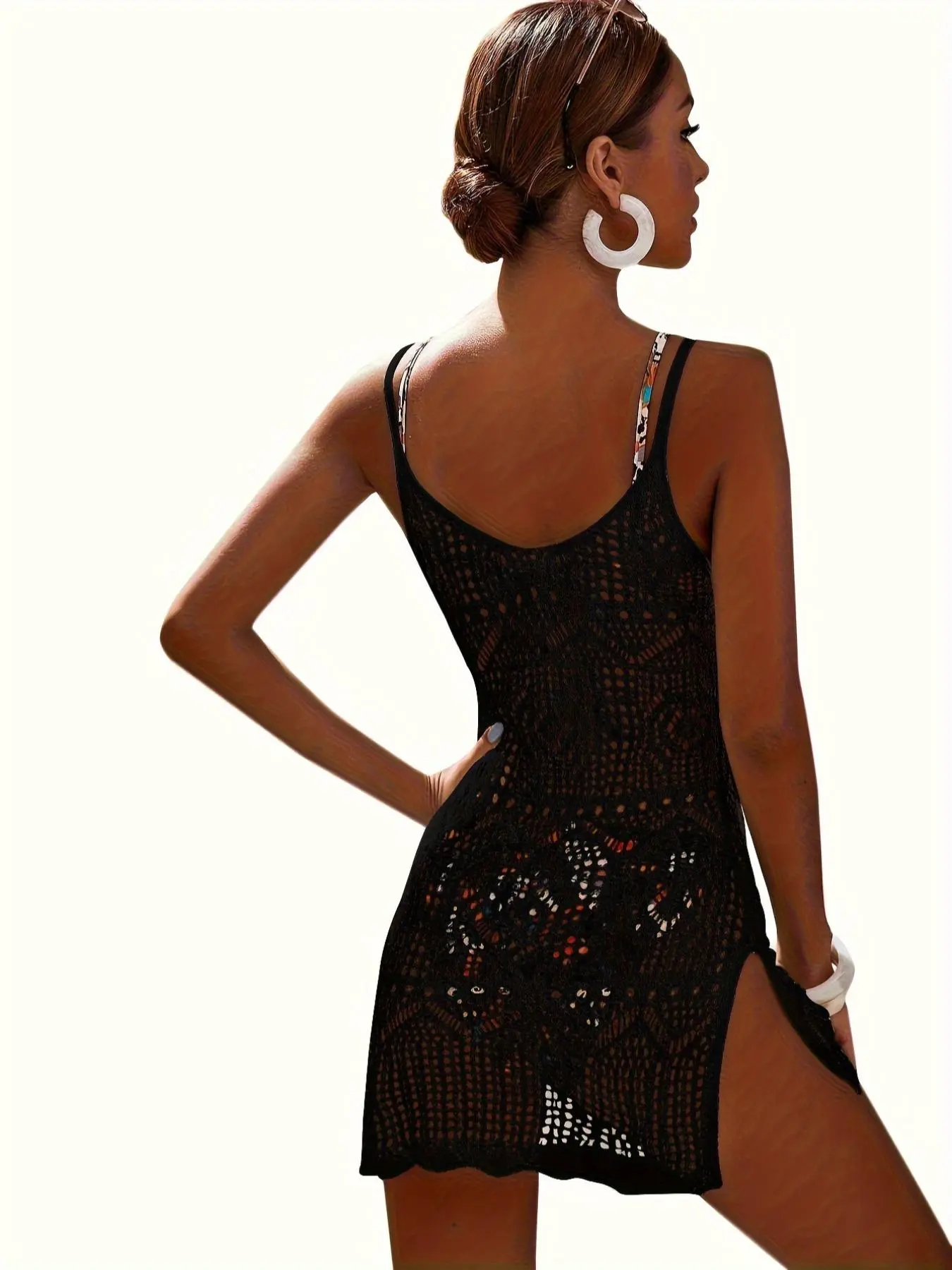 Women's Plain Hollow Out Sheer Split Thigh Cover Up Dress, Cute Casual  Sleeveless Cami Dress for