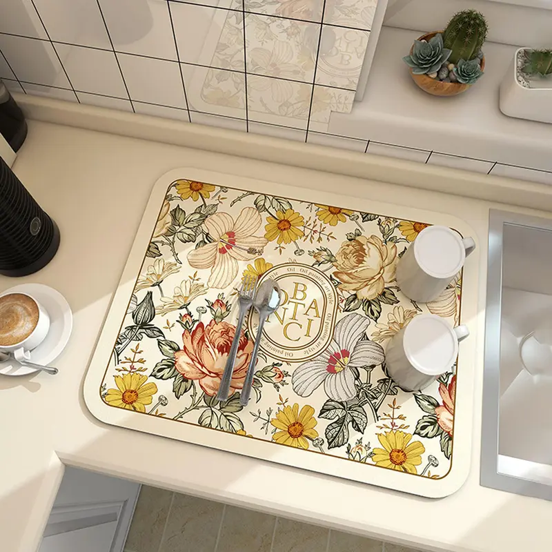 Floral Pattern Kitchen Countertop Mat, 1 Count Non-slip Water Absorbent Coffee Machine Mat, Household Table Mat for Home Kitchen Canteen Dining Room, Kitchen Decorative Placemat