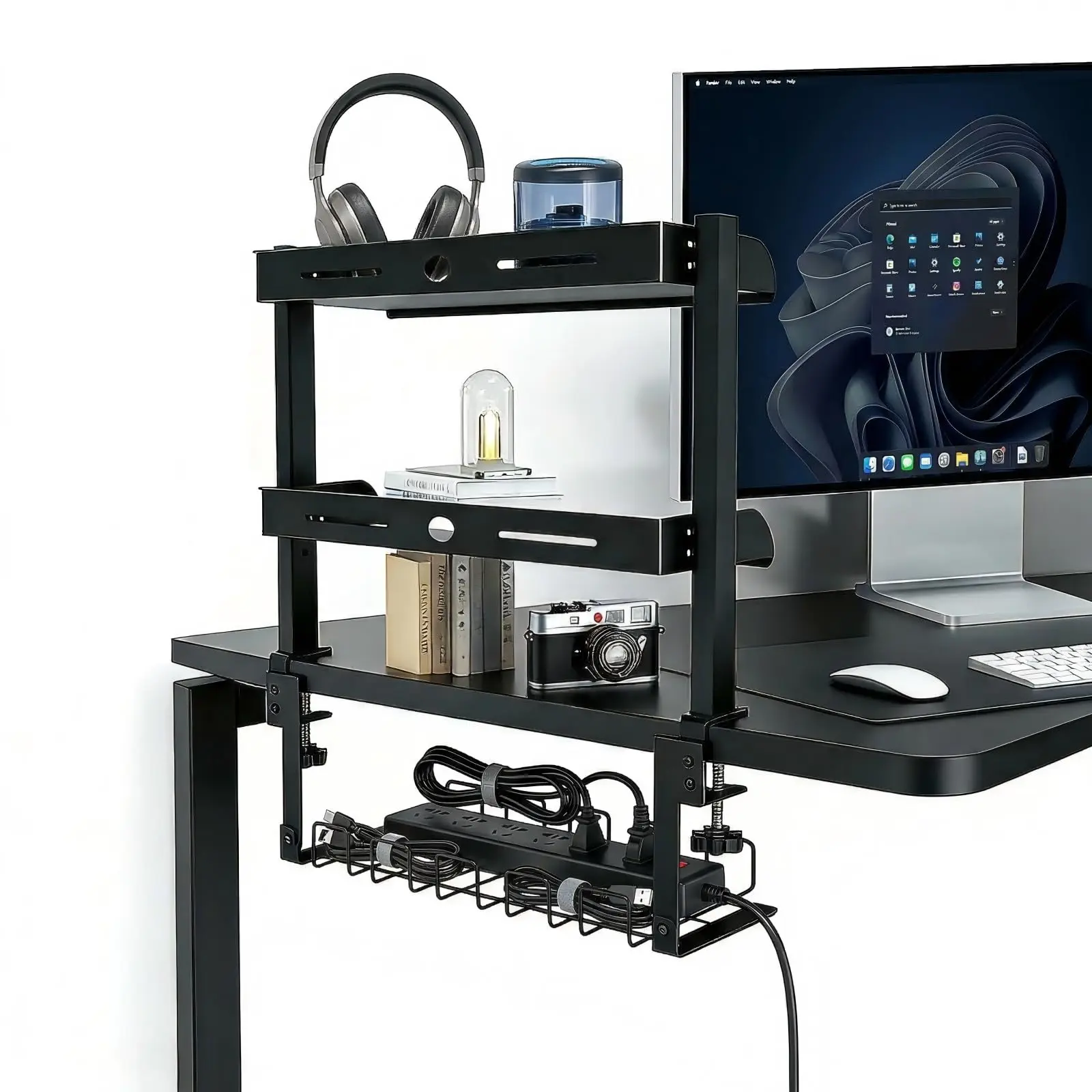 Clamp-On Desk Shelf, 17-Inch 2-Tier Desktop Organizer with Hidden Storage Basket, Heavy-Duty Steel Frame, Adjustable Height for Home Office Gaming Setup, Black C-Clamp Fit for 0.4"-1.8" Thick Desktop, Desk Organizer
