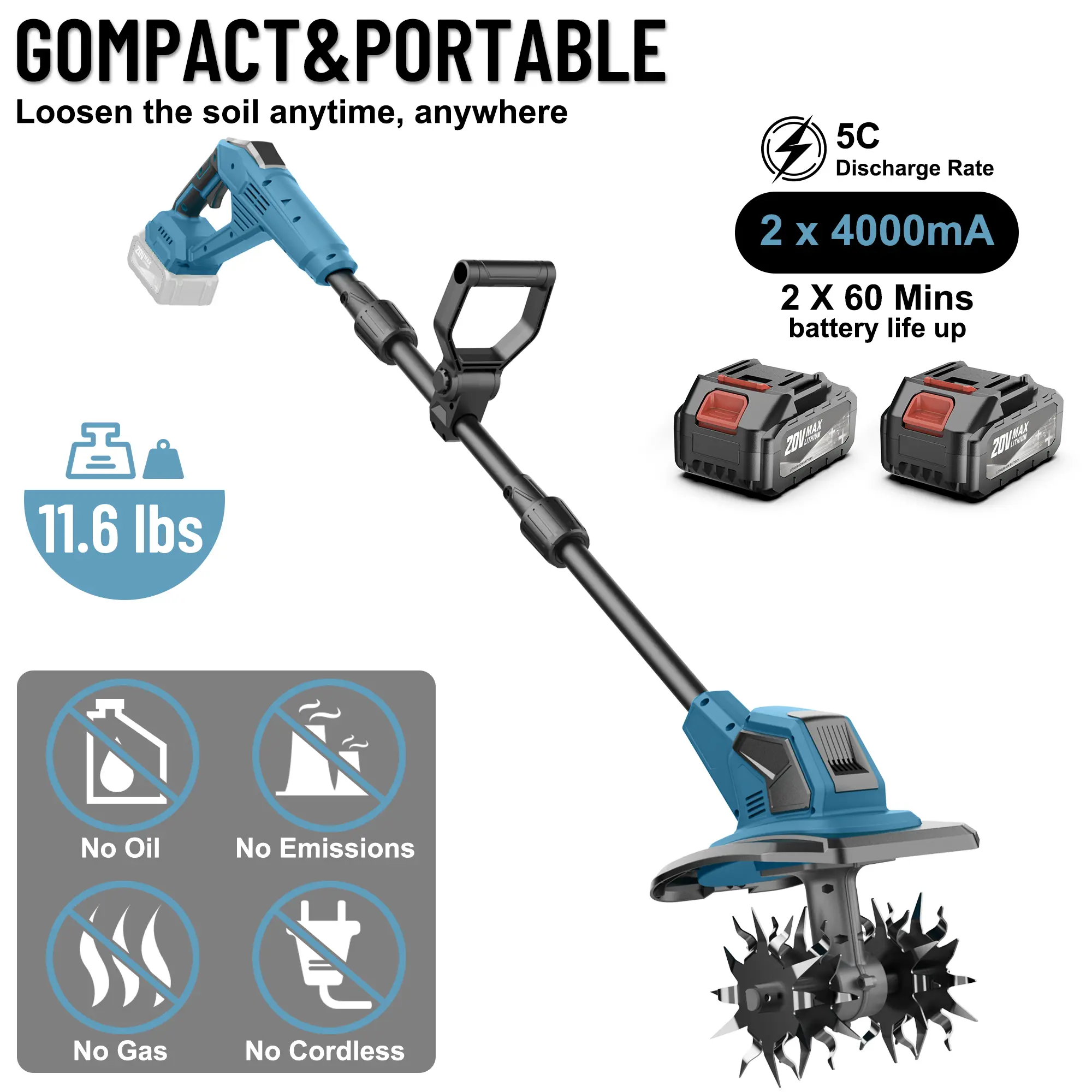21V Cordless Tiller Cultivator, Lightweight 11.6 lbs Electric Garden Tool, 2x4000mAh Battery Up to 120 Min Runtime, 300 RPM Steel Blades for Soil Loosening, Ergonomic Handle & Safety Lock