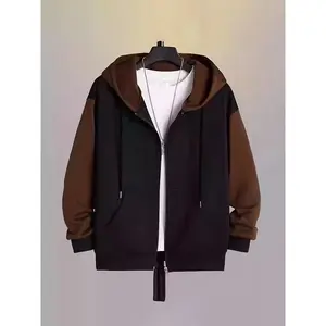 Plus Size Men's Contrast Color Hooded Jacket For Spring Fall, Trendy Casual Jacket For Males