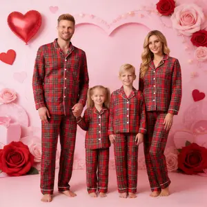 FOCUSNORM Valentine's Day Family Pajamas Set Valentine 2 Piece Plaid Sleepwear Button Down Pjs Set Long Sleeve Shirt Pants Set Party Sleepwear Loungewear Set