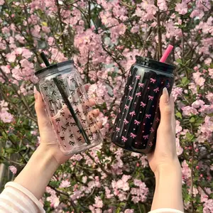 16oz Bow Plastic Cup with Lid and Straw, Retro Portable Travel Mug Tumbler for Coffee, Juice and Soda, Perfect Gift for Summer Wedding and Anniversaries