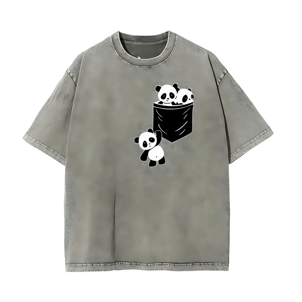 100% Cotton T-shirt.Kawaii Pocket Panda Climbing Bag Graphic TeeMen's Round Neck Casual Shortsleeve Graphic Tshirt - Retro  Washed Cotton Fabric, Cute Pocket Panda Graphic, Stretch, Pre-Shrunk, Super Soft, Unisex, S-3XL, Menswear Streetwear Top Black Crew