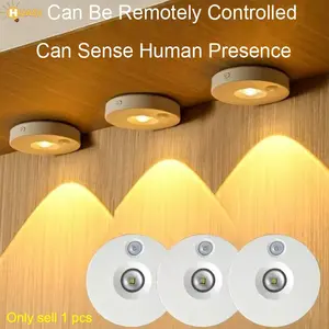 Human Motion Sensor Round LED Light, USB Rechargeable Wireless Remote Atmosphere Lamp, Three Color Changing Magnetic Light for Cabinets