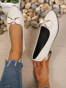 Women's Pointed Toe Loafers with Bow Metal Buckle, Bowknot Design Shoes, Elegant Vintage Style, Comfortable Flat Sole, Perfect for Work and Casual Wear, Business Style Flats, Casual Trendy Flat
