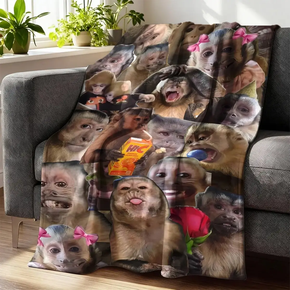 Funny Monkey Face Collage Flannel Blanket - Extra Large Soft Throw for Couch, Bed, Sofa - Lightweight & Breathable All-Season Cozy Blanket - Perfect Gift for Home Decor & Pranksters -,Bed Accessory, Skinfriendly Fabric, Contemporary Style