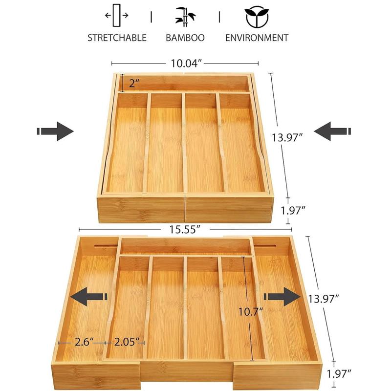 [New Deal] Bamboo Expandable Kitchen Drawer Organizer for Cutlery and Utensils, Adjustable Bamboo Wood Tray for Flatware and Silverware in Kitchen