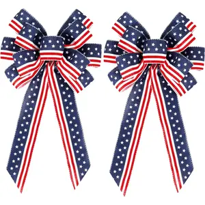 2 Pack 4th of July Decor Bow for Wreath,Red White Blue Stripe Stars Tree Topper Bows for Patriotic,Independence Day,Memorial Day,Veteran's Day,Front Door Indoor Outdoor Decorations