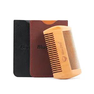 BlueZoo Double-Sided Beard Comb Made of Pear Wood, Portable Wood Comb for Beard Shaping & Styling, Hair Care Mustache Comb with Leather Case