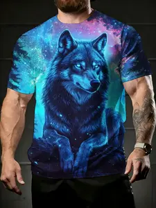 men's short sleeve T-shirt Wolf Galaxy Blue Eyes Stars spring and summer 3D printing sports leisure shirt pattern T-shirt casual short sleeve gradient color outfit