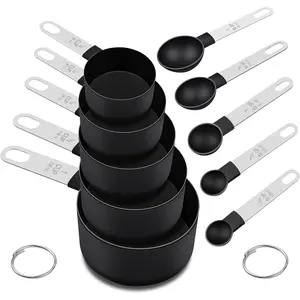 Measuring Cups and Spoons Set, 10 Pieces Nesting Measure Tools, Kitchen Essentials Gadgets with Stainless Steel Handle for Dry & Liquid Ingredient, Black