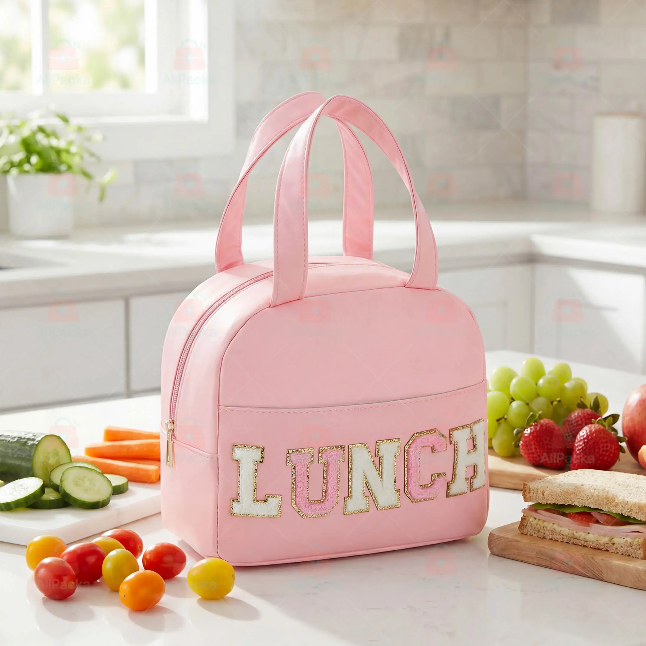 Women's High-Capacity Quilted Lightweight Synthetic Cooler Lunch Bag with Handles, Leakproof Puffer Tote for Work, Day Trips, Glitter-Accentuated Design, Multi-Function, Waterproof, Organized Carry, Zippered, Picnic, Front Pocket, All Year Round, Food, Gl