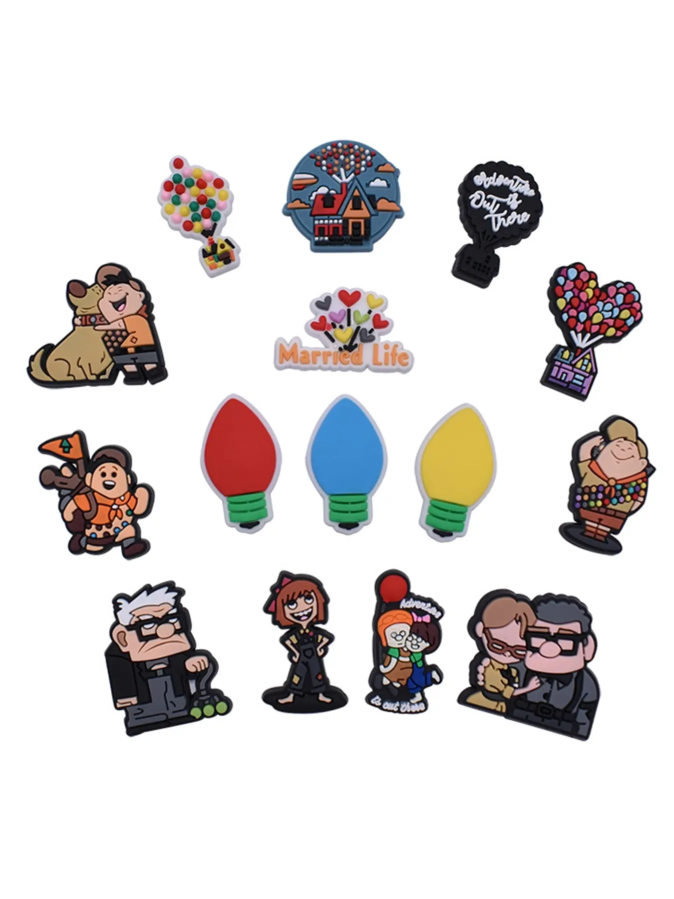 15pcs Anime Cartoon Colorful Flying Wooden House Shoe Charms Decor, Fashion Accessories for Boys and Girls, Party Gifts Featuring Carls and Russells