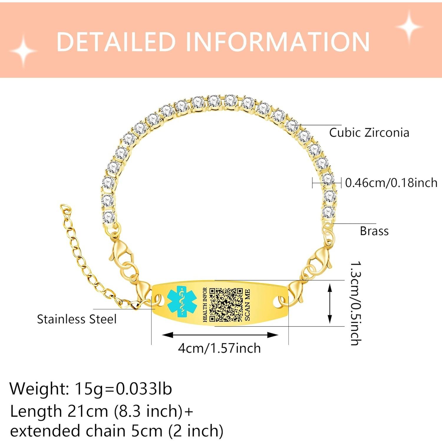 Uloveido Customizable QR Code Medical Alert Tennis Bracelet, Silver and Gold Color Options, Personalized Engraved Health ID Jewelry, Scannable Emergency Contact Wristband for Women Uloveido Customizable QR Code Medical Alert Tennis Bracelet, Silver and Gold Color Options, Personalized Engraved Health ID Jewelry, Scannable Emergency Contact Wristband for Women