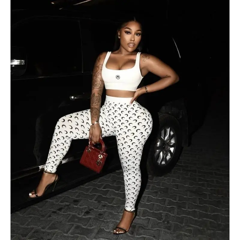 Women's Moon Printed 2-Piece Jogger Set, Spaghetti Strap Crop Top & Loose-Fit Below Ankle Skinny Pants, 2025 Summer Sexy Club Outfits, Cold Wash Camouflage Sports Clothing, Two Piece Set