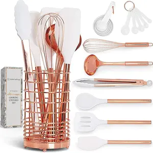 White Silicone and Copper Kitchen Utensils Set with Holder - 17-Piece Rose Gold Cooking Tools for Nonstick Cookware, with Measuring Cups, Spoons, & Utensil Holder - Stylish Copper Kitchen Accessories STYLED SETTINGS