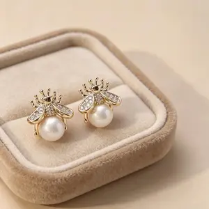 Insect Stud Earrings in Gold-Tone with Faux Pearl and Zirconia, Lightweight Daily Wear Costume Jewelry for Women